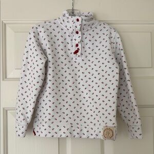 White and Red Flower Sweatshirt with High Collar and Long Sleeves
